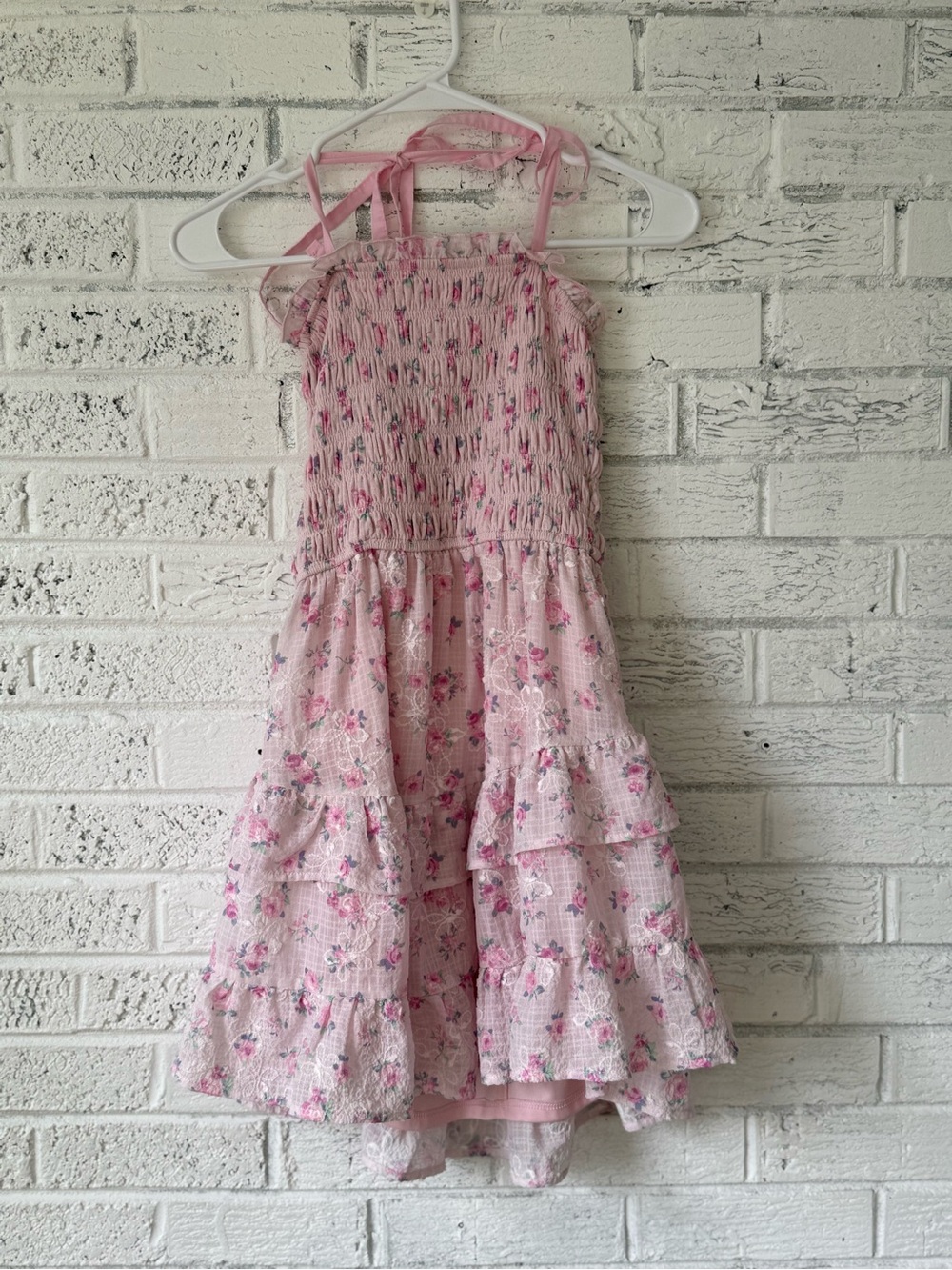 Francesca's Pink Floral Tiered Mini Dress w Smocking and Tie-Straps Size S 0069